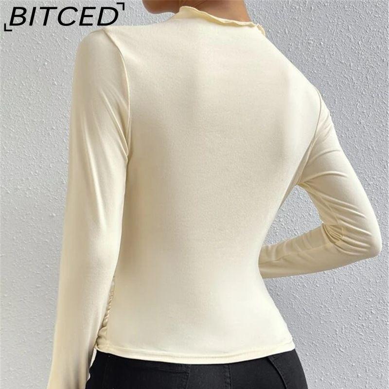 BITCED Solid-colour Fitted Base Layer Top Versatile Pleated Detailing Long-sleeved T-shirt Women's Blouse