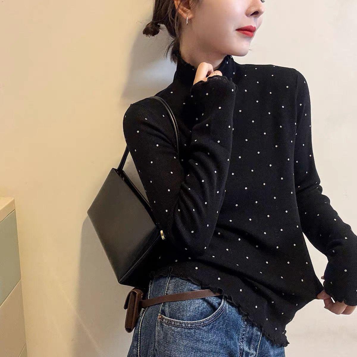 

Women s Plus Size Ruffled Velvet High Neck Long Sleeve T-shirt - Slimming and Flattering Autumn/Winter Base Layer XL (121-140 jin) чёрный