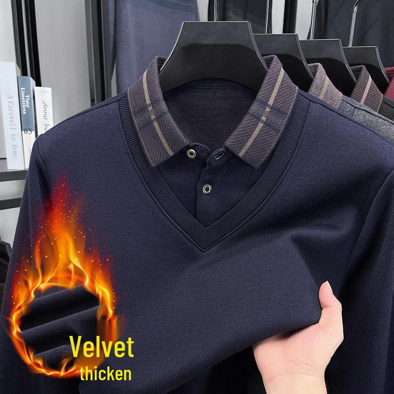 Men's Winter Thickened Knit Sweater with Lapel - Business Casual, Plus Velvet, Fake Two-Piece Design