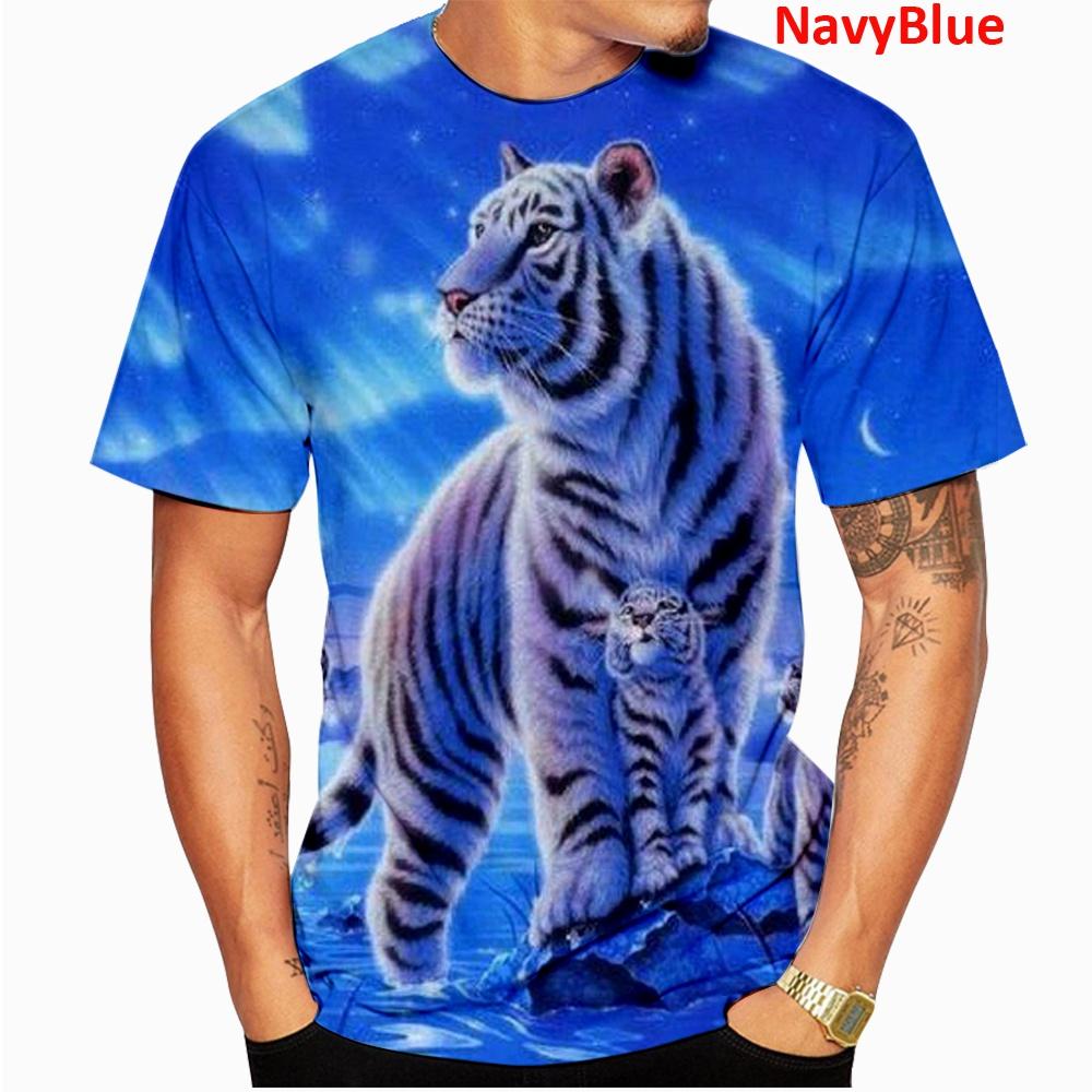 

Summer Round Neck 3D Print Animal Tiger Pattern Top Fashionable Casual Short Sleeved Men s T-shirts 6XL темно-синього кольору