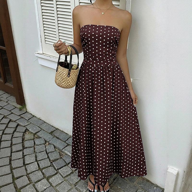 Damen Gepunktete Trägerlose Sommerkleider, Elastischer Rücken Gerafft Strandurlaub Outfits Vintage Elegant Maxikleid