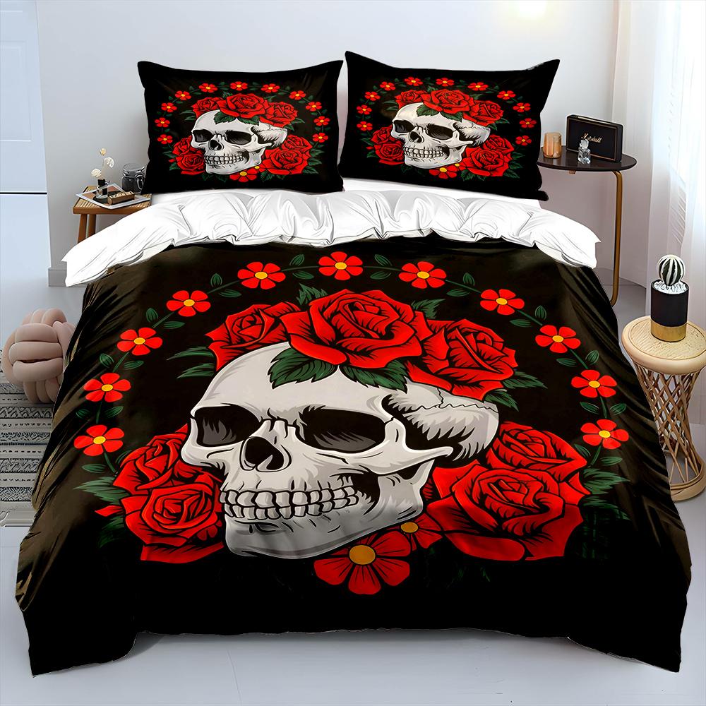 Skull Surrounded by Red Roses Bedding Set for Kids Luxury Gift 3pcs Digital Print Comforter Set Soft Comfortable Breathable 135x200cm
