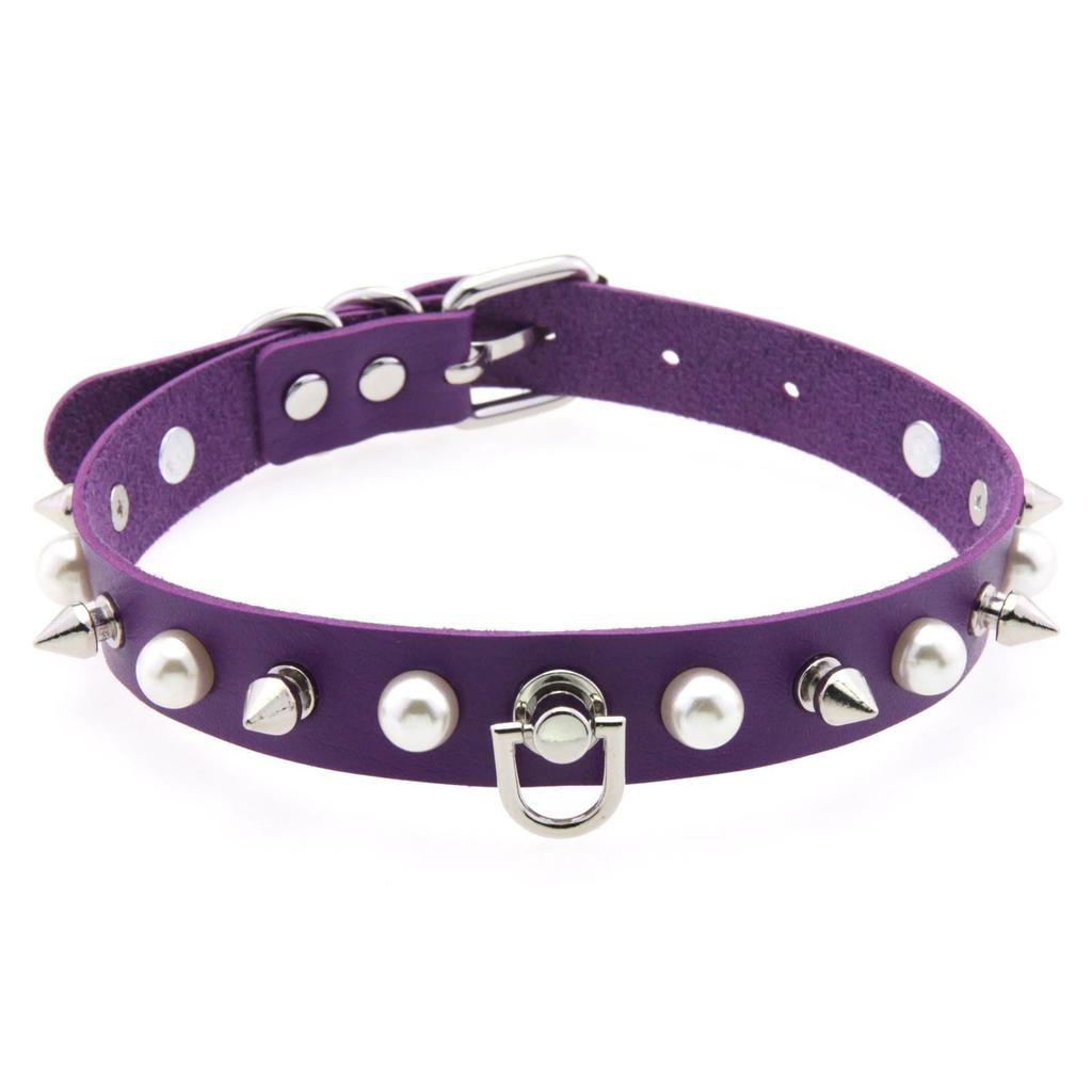 Alloy Spike D-ring Choker, Faux Pearl Rivet D Buckle Leather Clavicle Necklace
