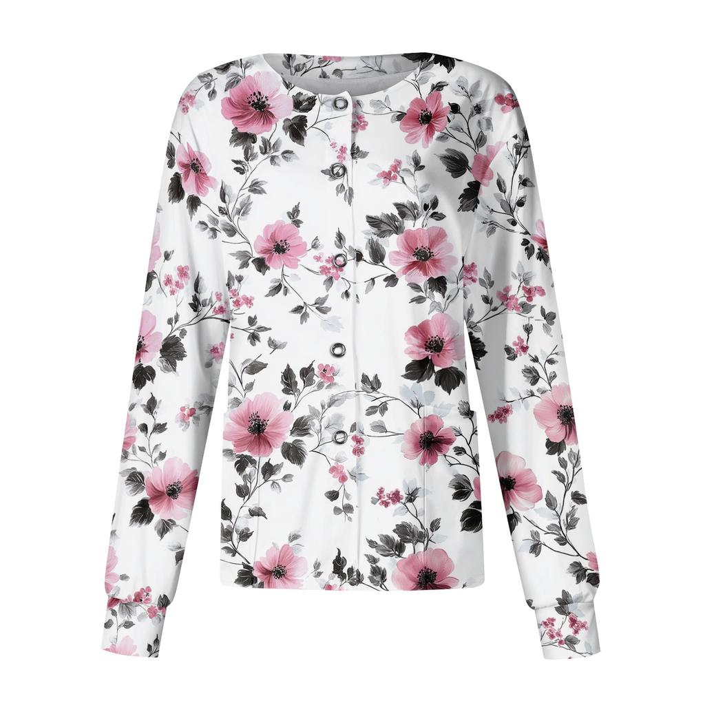 Women's Casual Long Sleeve Single Breasted Floral Print Medical Scrub Cardigan Top Comfortable Fit Lightweight Fabric Suitable for Work
