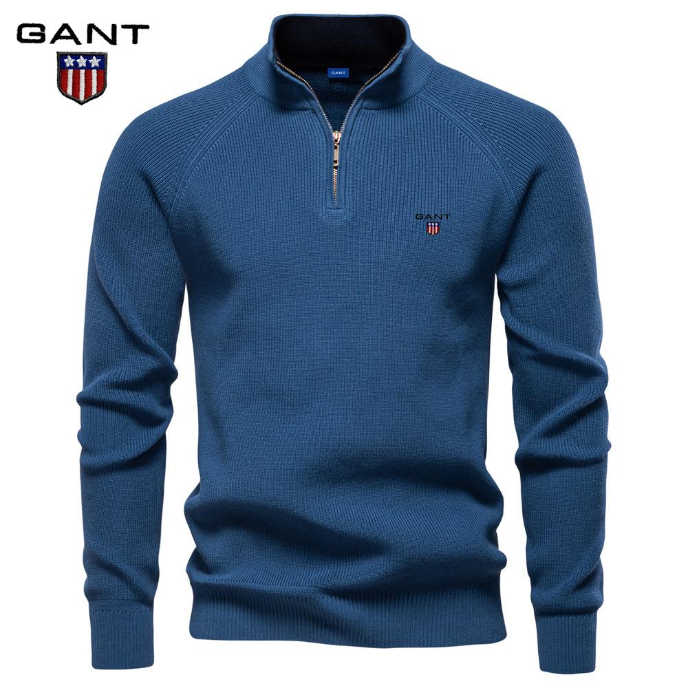 Gant Autumn and Winter Embroidery New Men's Semi Open Sweater Men's Long Sleeved Stand Up Collar Solid Color Versatile Casual Top