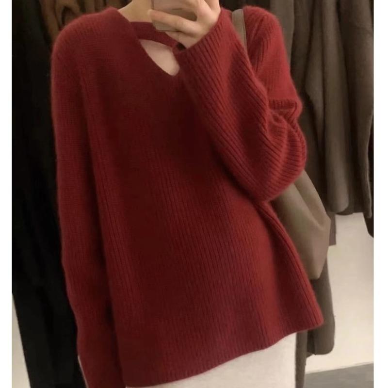 

Дизайнерский модный трикотажный свитер с V-образным вырезом, женский осенне-зимний новый мягкий восковой свободный ленивый пуловер-свитер one size fits all красный