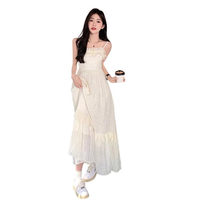 Gentle Wind Small A-shaped Long Skirt Summer New French Fairy Small White Dress Suspender Dress