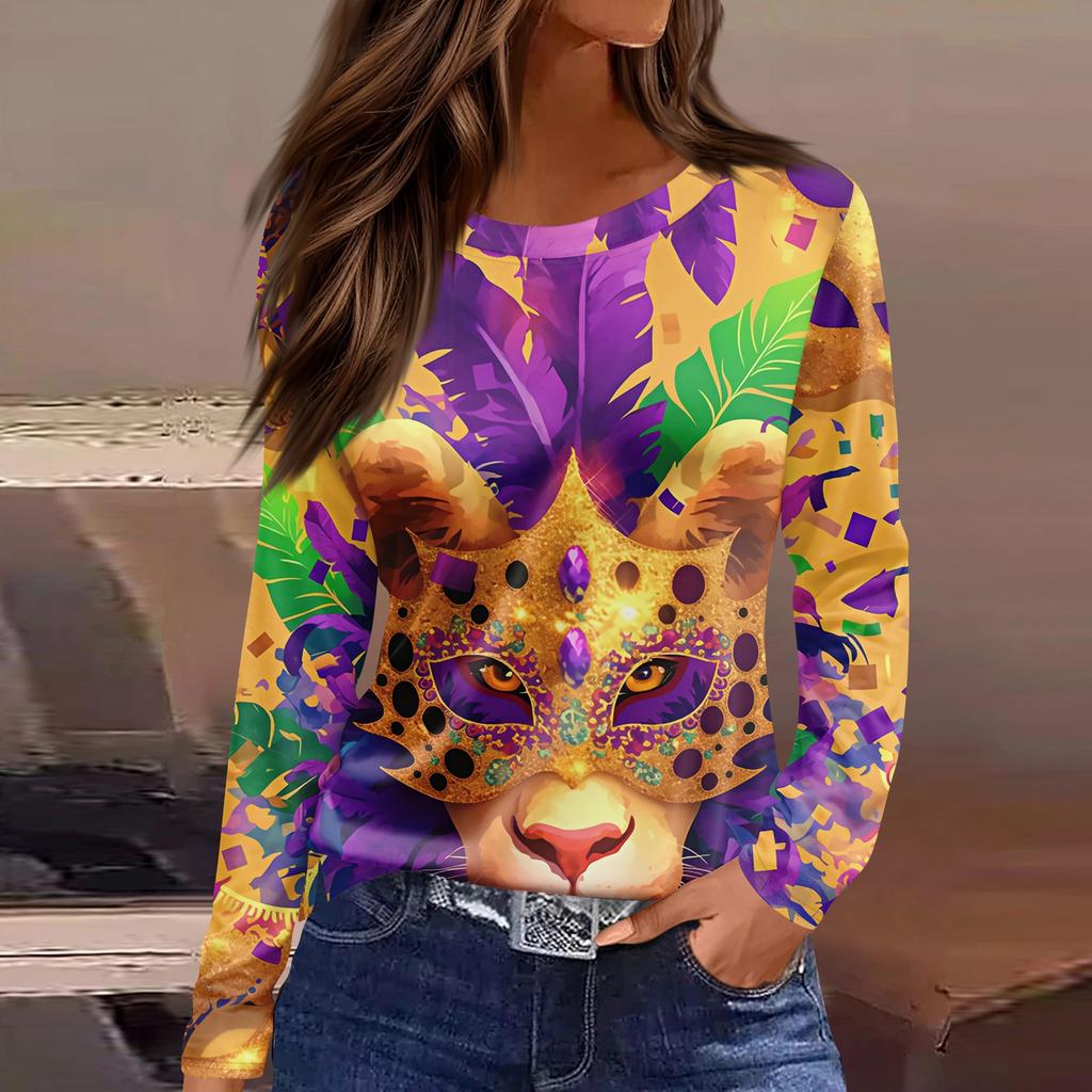 Women's Fashion Casual Slit Hem Round Neck Long Sleeve Loose Printed T-Shirt Top