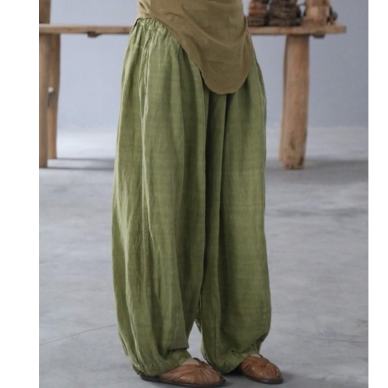 Johnature Women Vintage Linen Wide Leg Pants Elastic Waist Loose Autumn Trouser Chinese Style Women Soft Long Pants