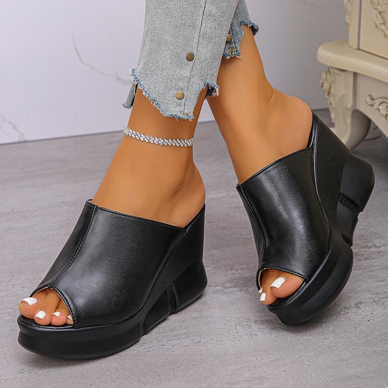 Fashion Fish Mouth Platform Wedge Sandals for Women Black PU Leather Thick Sole Slippers Woman Summer Slip-On Super High Heels Sandals