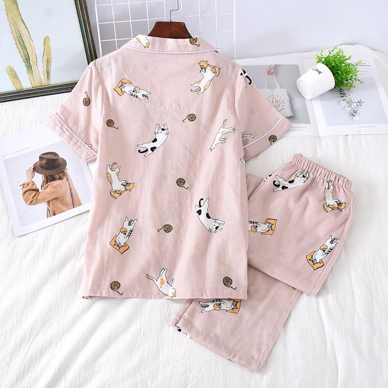 Pijamale Vară Pantaloni subțiri cu mâneci scurte Pijamale 100% bumbac Costum simplu pentru serviciu la domiciliu Lenjerie de dormit pentru femei