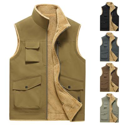 Pánska ležérna fleecová vesta na zips jednofarebná, Pracovná vesta s viacerými vreckami, Vesta z jahňacej kože so stojačikom