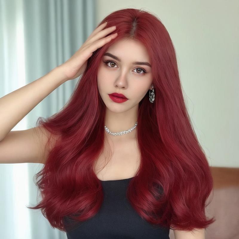 New Wine Red Long Curly Hair Synthetic Wig | Fashion Fluffy Big Wave Micro Roll Breathable Wig