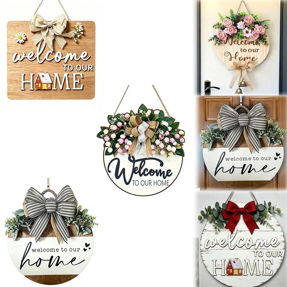 Floral Pattern Wooden Door Sign 2D Flat Hanging Wooden Board Round Doorplate Holiday Decorating