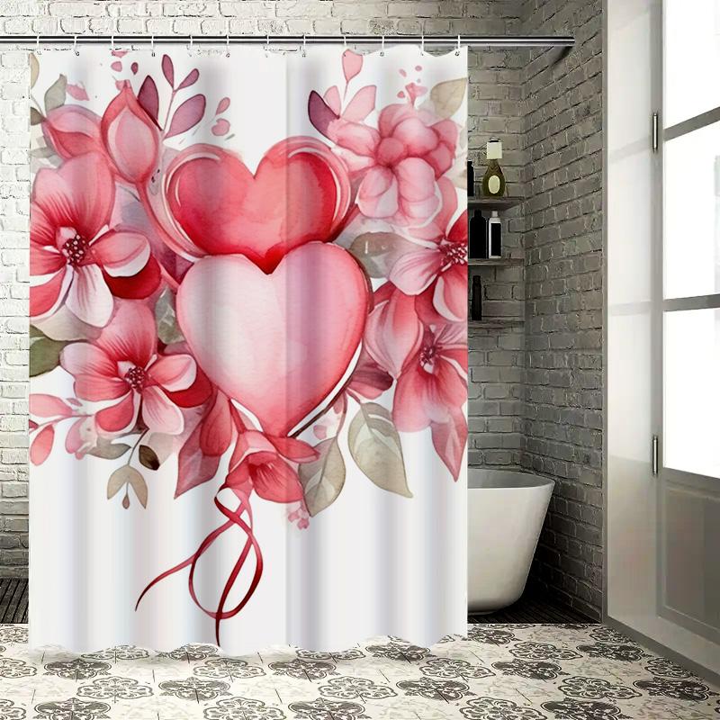 Watercolor Heart And Flowers Waterproof Shower Curtain