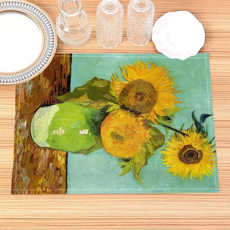 Van Gogh Painting Print Linen Dining Table Mats Kitchen Placemat 30X45cm Coasters Pads Bowl Cup Mat