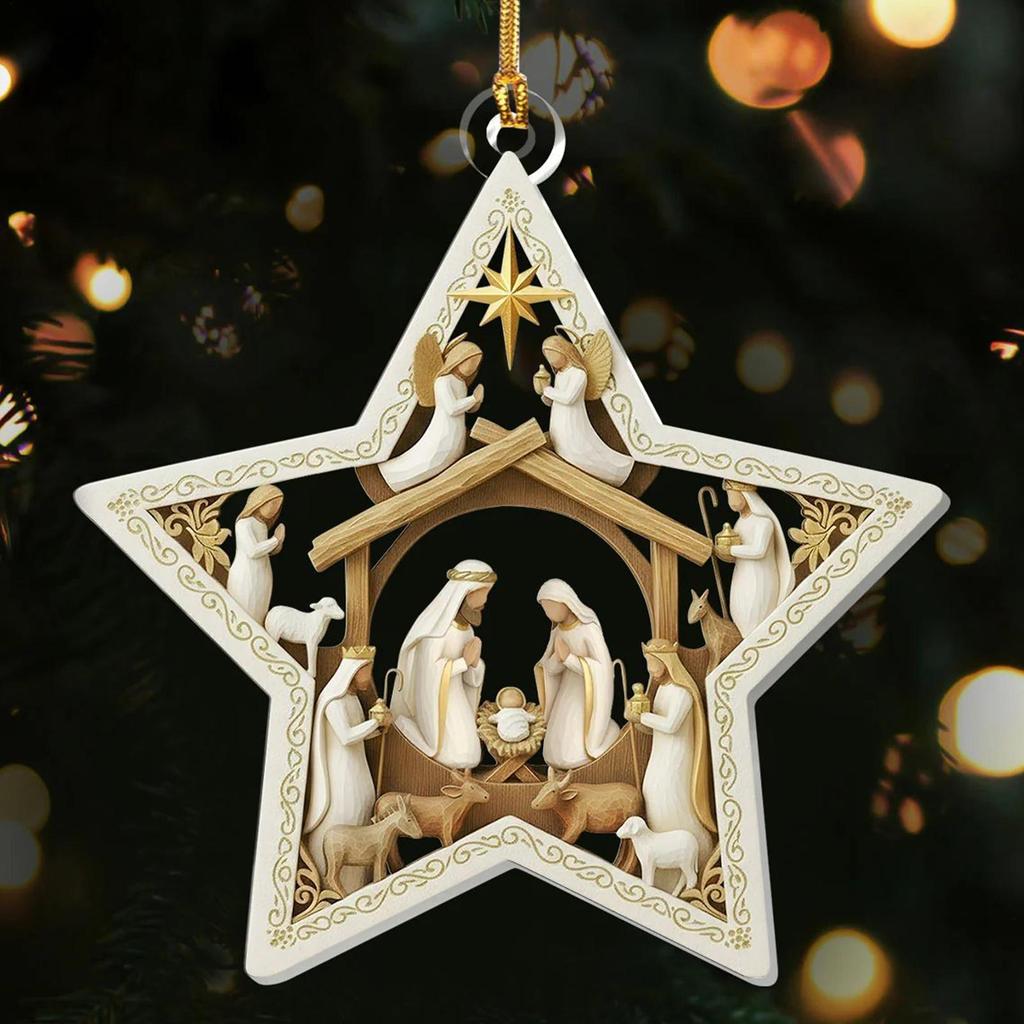 Christmas Tree Ornament 2D Flat Hangable Winter Holiday Christmas Decoration Acrylic Nativity Scene for Mantel Windowsill Door