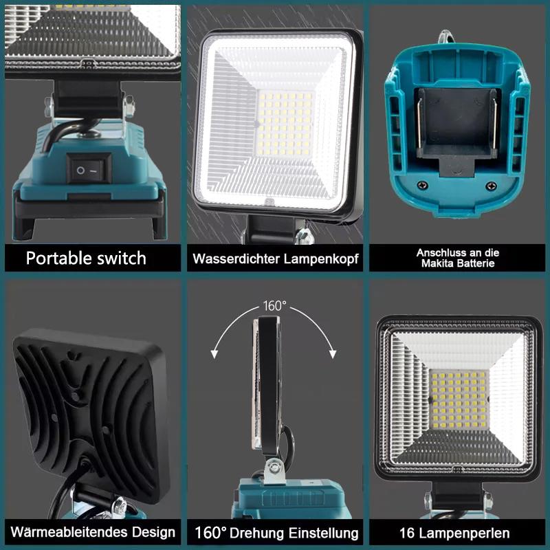 Cordless LED Work Light for Makita 18v Battery Portable Flood Lights Spotlight Compact Lighting with Type C & USB Fast Charging