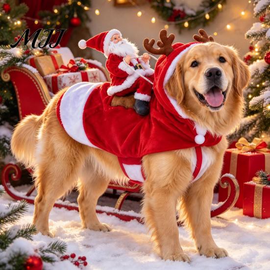 Pet Christmas Photo Props Santa Riding Dog Costume, Rider Outfit, Hooded Funny Holiday Costume for Winter Cosplay Small Medium Large Dogs, Xmas Party