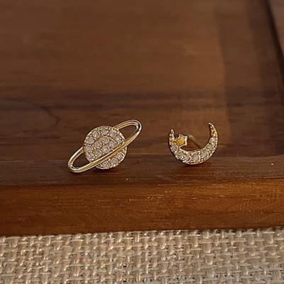 Asymmetrical Moon Planet Earrings Women's Light Luxury Zircon Star Moon Earrings Temperament Mini Earrings
