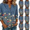 Women's Vintage Floral Print Henley Button Neck Three Quarter Sleeve Linen Cotton Blouse Casual Loose Fit Shirt for Everyday Wear