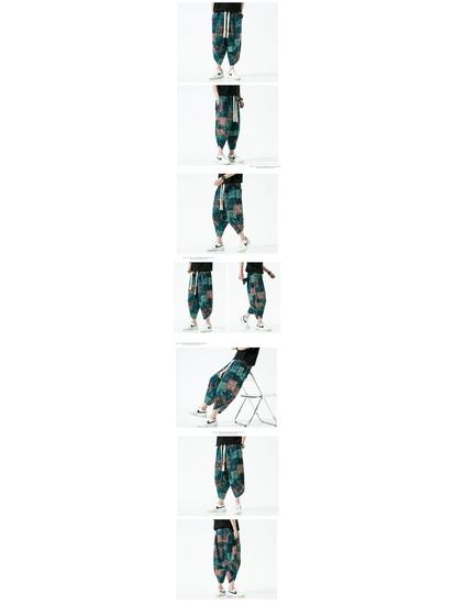2025 Summer Men's Plus Size Ethnic Print Harem Pants - Loose Fit, Straight Leg, Drop Crotch