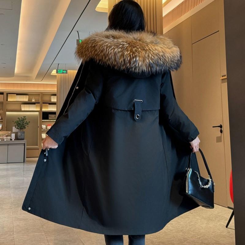 Womens Long Parka Coat Removable Faux Fur Lined Winter Hooded Leather Jacket