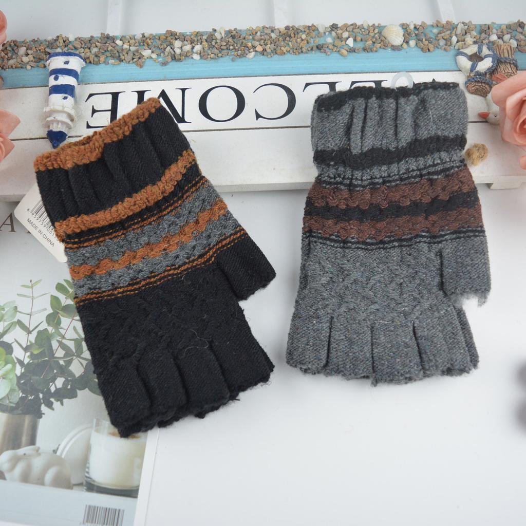Men's Warm Half-Finger Gloves Winter Jacquard Student Writing Office Wool Gloves