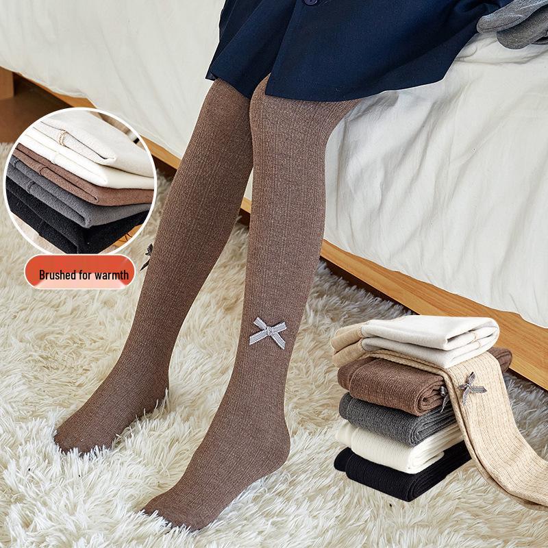 Kids' Winter Plus Velvet Thickened Knit Tights with Bow - Combed Cotton Cable Knit
