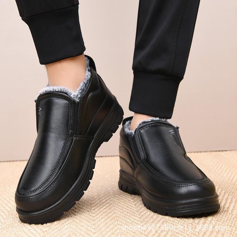 Mens Winter Waterproof PU Snow Boots Thick Insulated Slip-On Warm Casual Low-Cut Middle-Aged Seniors