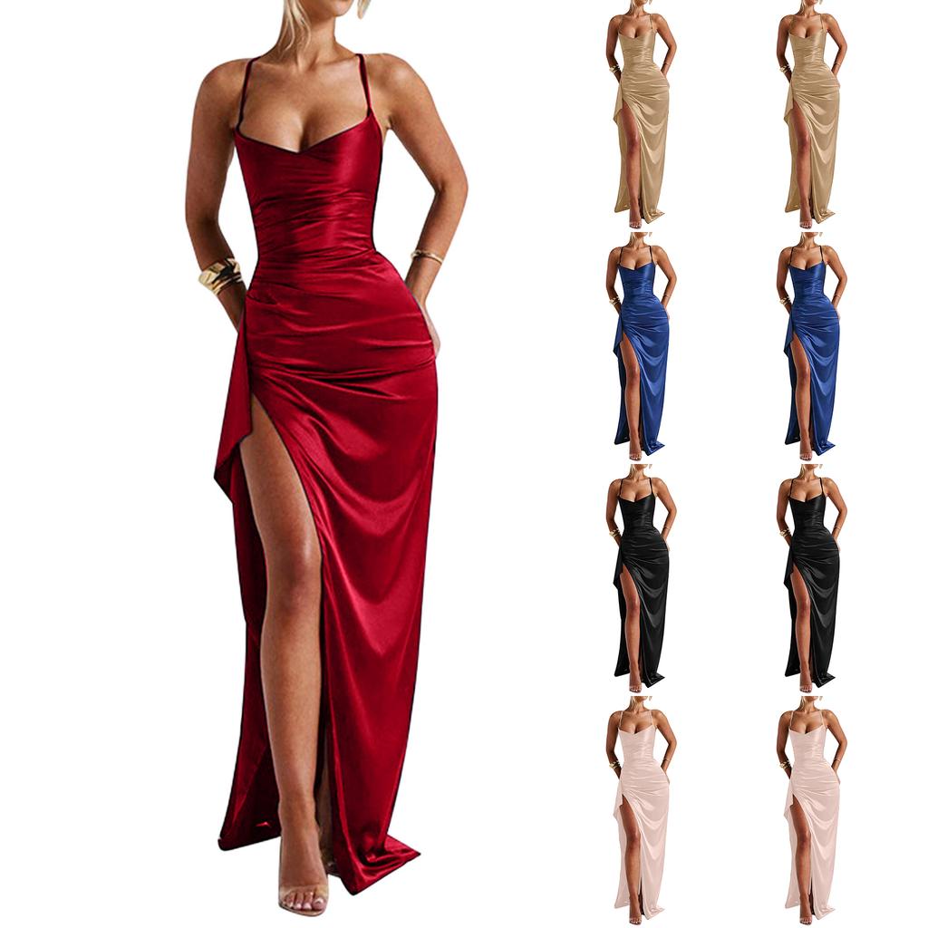 Women's Satin Long Evening Dress Fitted Shirred High Slit Sexy Formal Gown