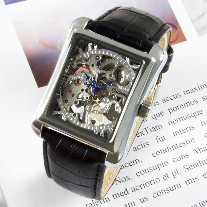 GUCAMEL Quadratische Uhr, transparente hohle mechanische Herrenuhr, manuelle mechanische Mode-Business-Gürteluhr