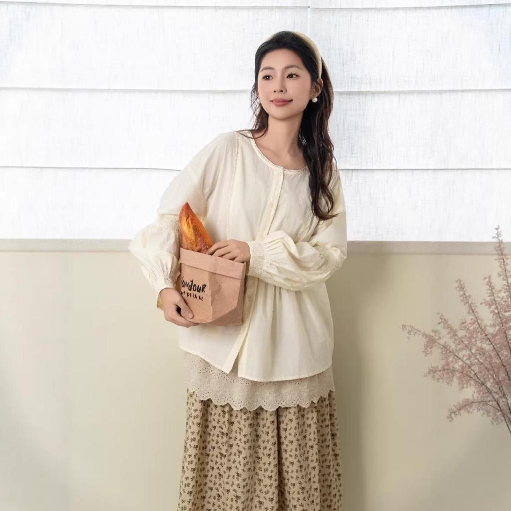 2026 Spring Women's Sweet Puff Sleeve Cardigan, Round Neck, Loose Slimming Cotton Long Sleeve Top