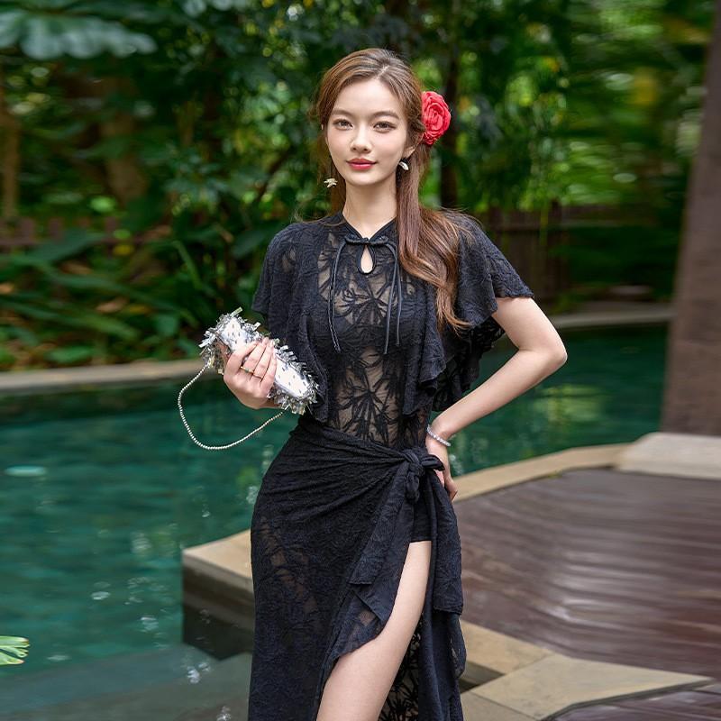 

Swimsuit Women s Sexy Lace Slimming Steel Holder Gathered To Cover Flesh Slightly Fat One-piece Draped Gauze Hot Vacation 2XL чорний