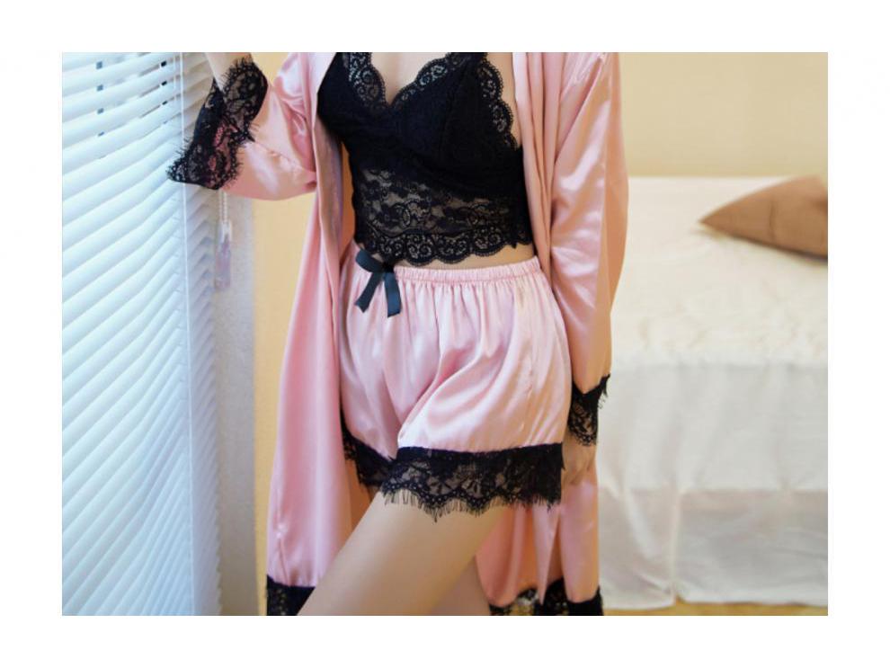 European & American Lace Satin Women's 4-Piece Pajama Set - Sexy, Seductive Nightgown & Robe
