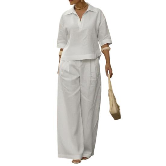 

Women s 2 Piece Sets Casual Short Sleeve Lapel V Neck Top And Wide Leg Pants Summer Travel Vacation Lounge Outfits S белый