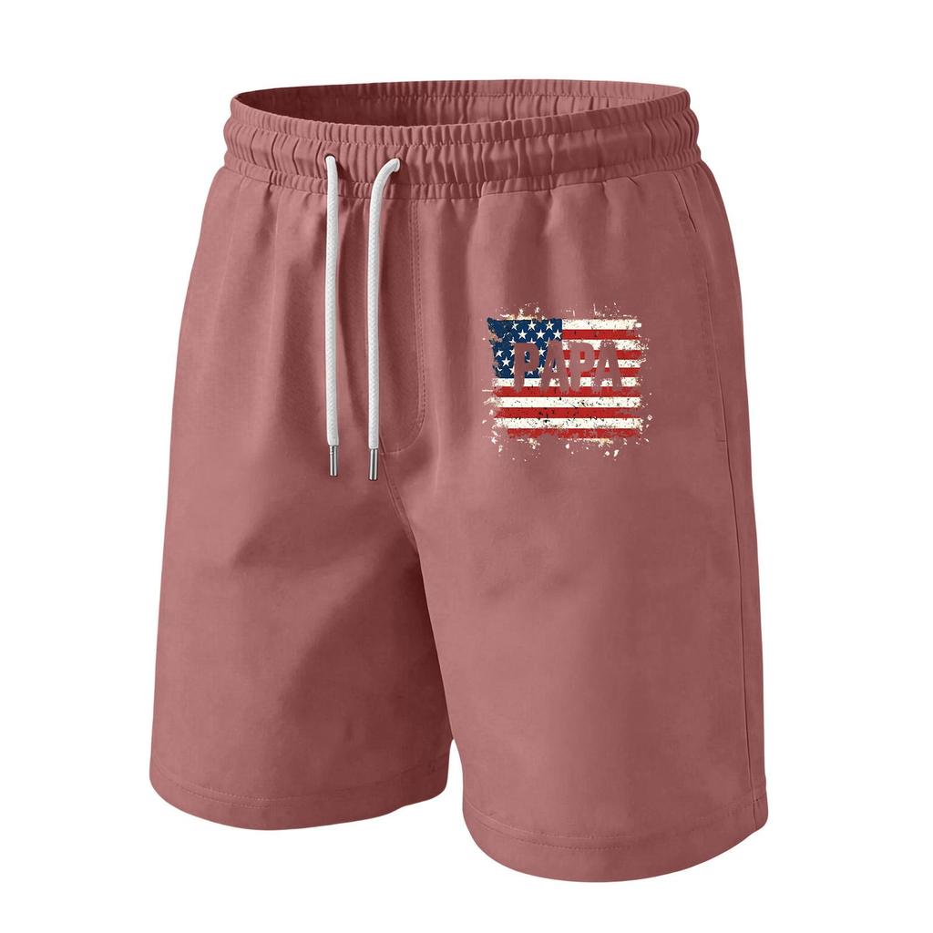 Men Drawstring Waist Casual Shorts with Flag Print Relaxed Fit Lightweight Soft Fabric Elastic Waistband for Daily Wear