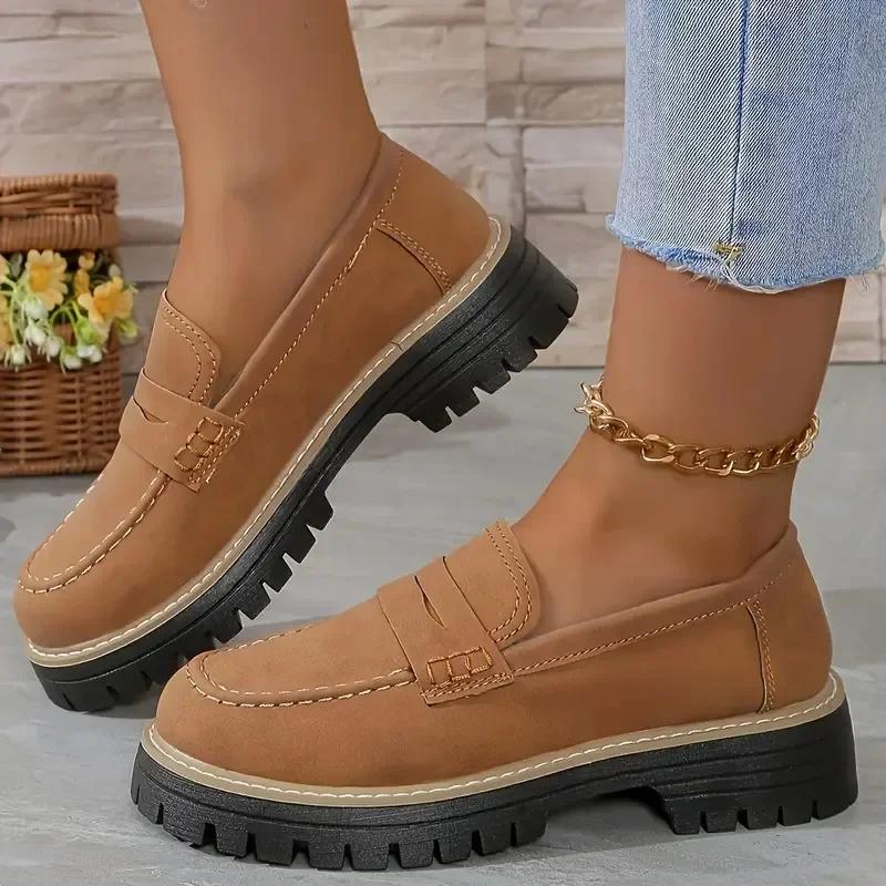 Fashion Woman Spring Autumn New British Style Flats Comfortable Low Heel Slip on Shoes Ladies Solid Color Platform Loafers Shoes