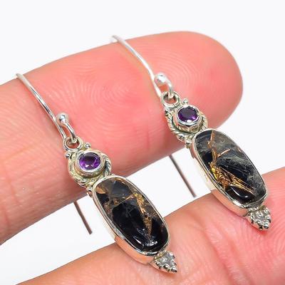 Natural Copper Turquoise,Amethyst 925 Solid Sterling Silver Earring 1.50" E9b68