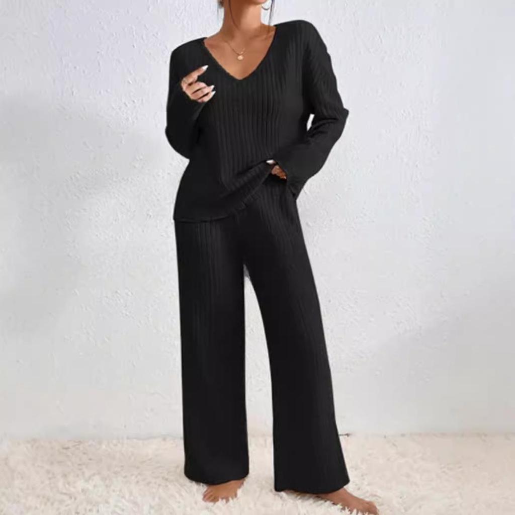 2025 Autumn/Winter Hot Selling Ribbed V-Neck Long Sleeve Brushed Casual Set for Women