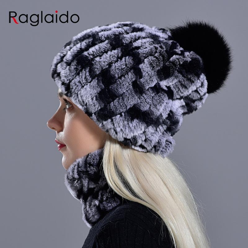 Rabbit Fur Pompom Hat Ring Scarf Set Women's Winter Fashionable Natural Fur Knitted Caps Neck Warmers for Girls Female