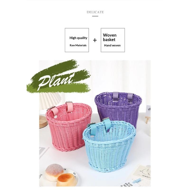 Children Bicycle Front Basket Imitation Woven Rattan Handlebar Storage Basket for Kids Bike Scooter Outdoor