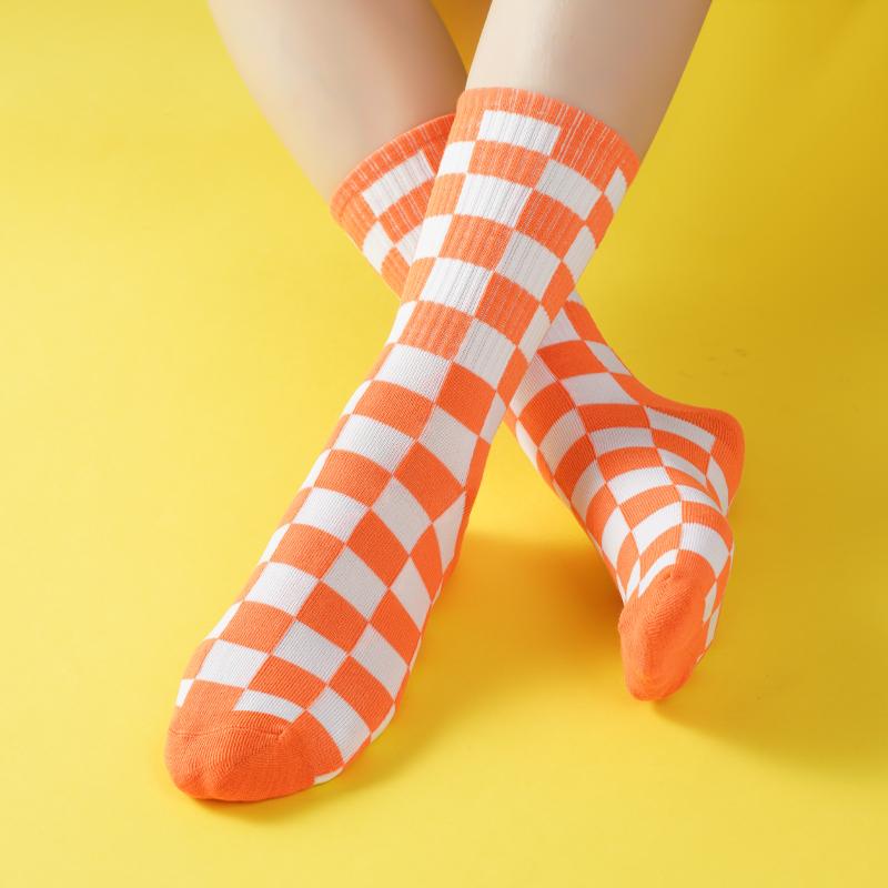 3 Paires Femmes Chaussettes en Coton Respirantes Mi-Mollet Mode Drôle Noir Blanc Carreaux Plaid Chaussettes Décontractées