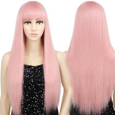 Pink Long Straight Wig with Bangs Synthetic Hair Wig for Women Heat-resistant Cosplay Wig Solid Color Wig