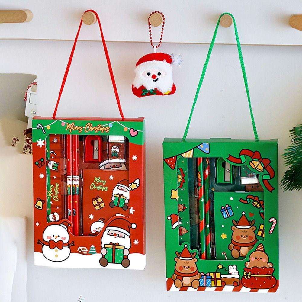 6Pcs/set Kawaii Sharpener Christmas Stationery Set Stationery Erasers Children's Pencils Handheld Study Stationery Set Christmas