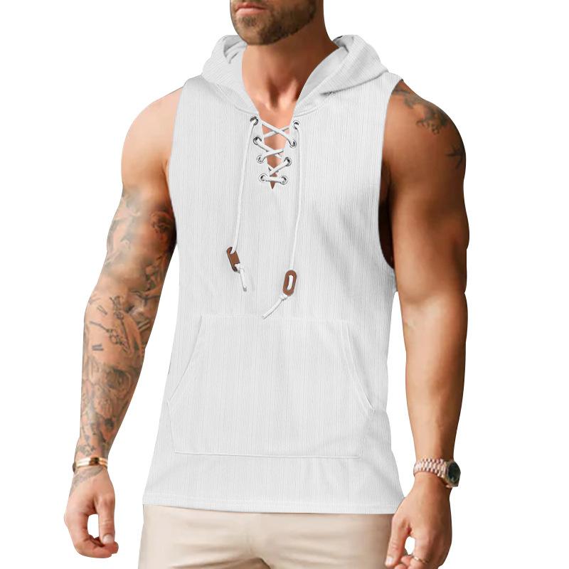 New Plus-size Waistcoat Summer Thin Men's Casual Hooded Solid Color Lace-up Vest Sleeveless