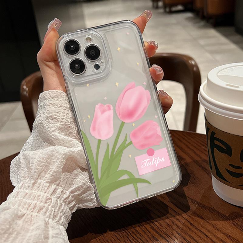 Summer New Transparent Mobile Phone Case Apple 17Pro Pink Tulip Ultra-thin TPU Soft Case iPhone16 Women's Model