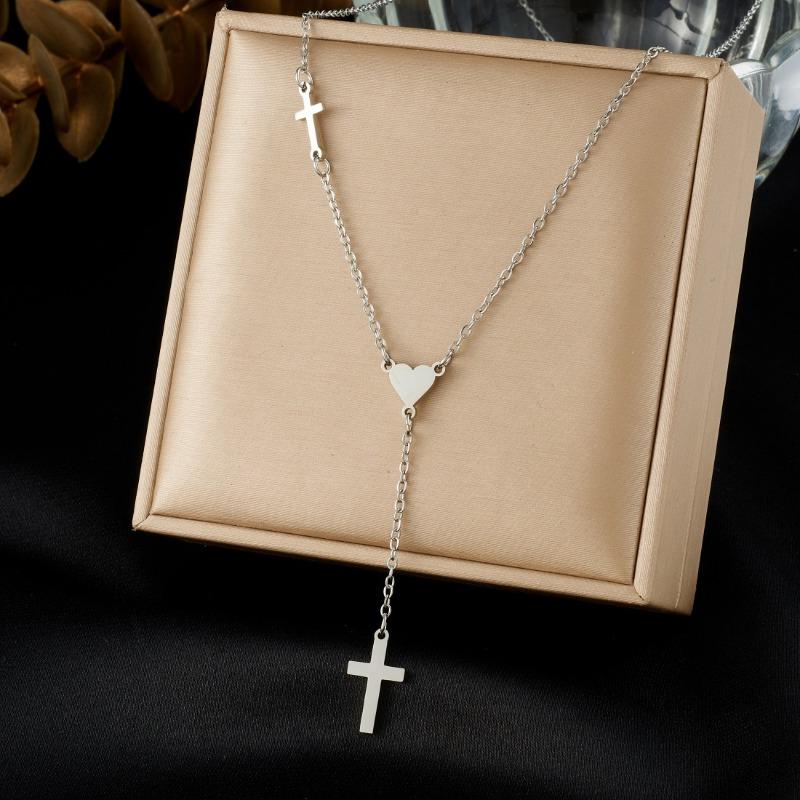 

Gold Plated Stainless Steel Cross and Heart Lariat Necklace for Women серебряный