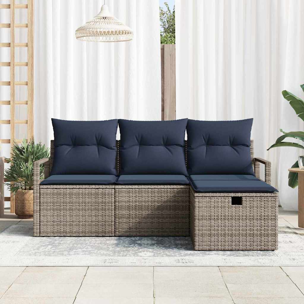 4 Piece Sofa Set with Cushions In Gray and Navy Blue Poly Rattan