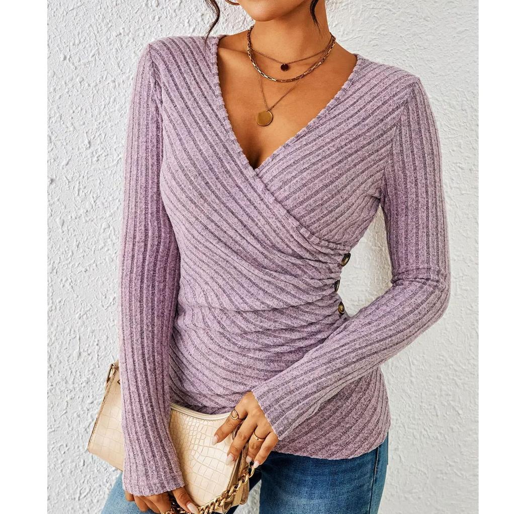 Women's Casual Versatile V Neck Solid Color Lapel Slim Fit Long Sleeved Top Loose Long Sleeved Top